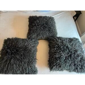 Mongolian Sheep throw pillows 3x 100% wool black & green down inserts 22"x22"